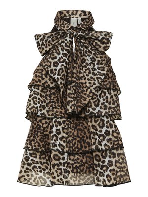 Ermeløs kjole med leopardmønster, med lagdelte volanger og stor sløyfe knyttet rundt høy krage.