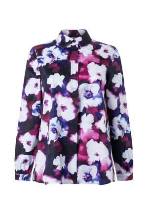 Langärmlige Bluse mit spitzem Kragen und Knopfleiste, mit einem abstrakten floralen Muster in Lila, Schwarz und Weiß.