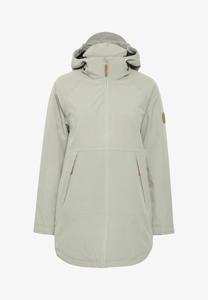 Világosszürke vízálló dzseki magas gallérral, kapucnival, két elülső zsebbel és bőr részletekkel. Simakészségű, térd hosszúságú kialakítás.