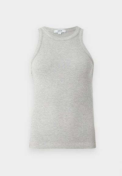 Gray ribbed tank top with a fitted design, wide armholes, and a rounded neckline. Made from soft cotton fabric with a smooth texture.