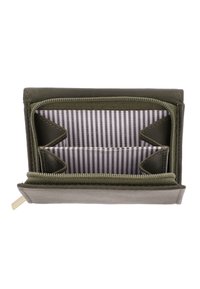 Olive green wallet made of textured material. Interior features striped lining, multiple card slots, and a zippered pocket for coins.