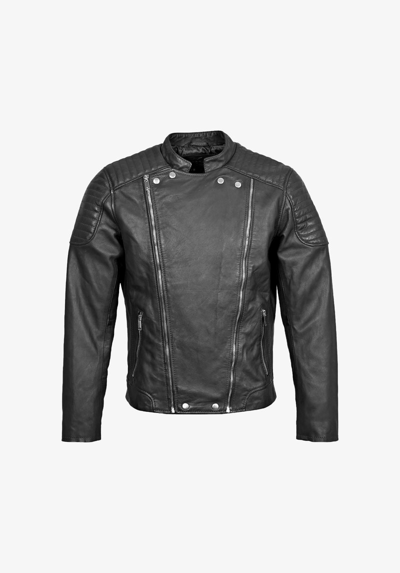 Schwarze Leder-Motorradjacke mit gesteppten Schulterakzenten, asymmetrischem Frontreißverschluss, Druckknopfverschluss und zwei seitlichen Reißverschlusstaschen.