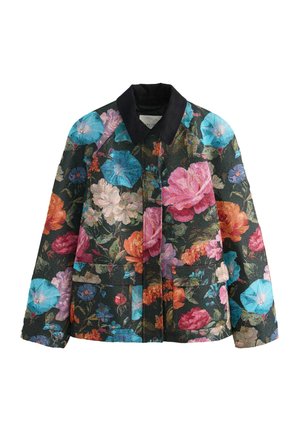 Floral-patterned jacket with a black collar, featuring vibrant pink, orange, and blue flowers on a dark background, crafted from textured fabric.