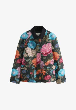Floral-patterned jacket with a black collar, featuring vibrant pink, orange, and blue flowers on a dark background, crafted from textured fabric.