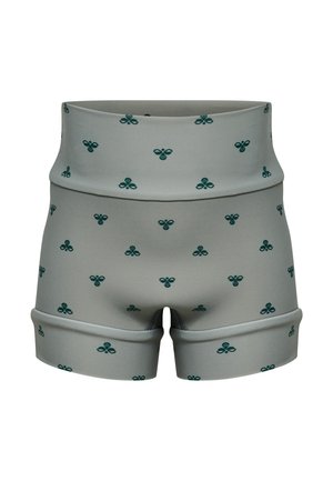 Gray high-waisted shorts with a cuffed hem and dark green bee patterns evenly printed across the fabric.