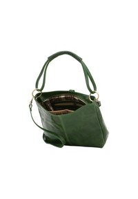 Borsa a tracolla verde in pelle con una forma strutturata, dotata di manici doppi, un ampio interno e una fodera interna a quadri con scomparti.