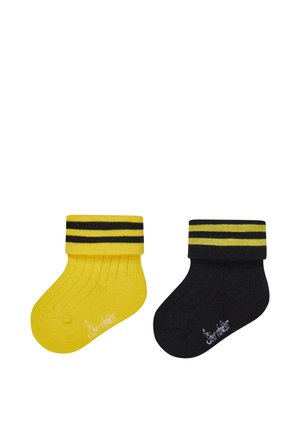 Pair of baby socks, one yellow with black stripes and one black with yellow stripes, both with folded cuffs and ribbed texture.