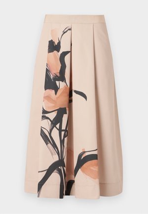 Krémová skládací sukně vyrobená z materiálu s příměsí bavlny, s abstraktním květinovým potiskem v jemných broskvových a černých tónech na jedné straně.