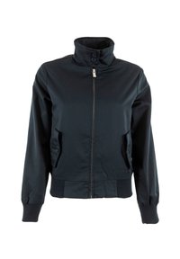 Zwarte jas met een hoge kraag, rits aan de voorkant, zijvakken en geribde manchetten en zoom. Glad stof met een getailleerde pasvorm.