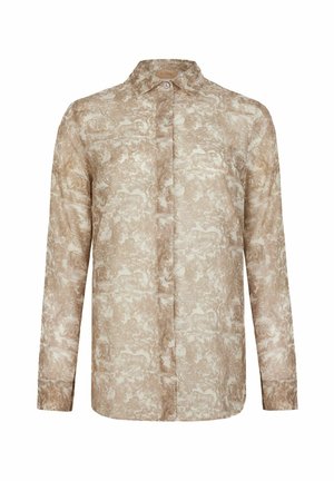 Beige langærmet skjorte med knapper, der har et diskret dyre- og naturprintmønster samt en klassisk krave.