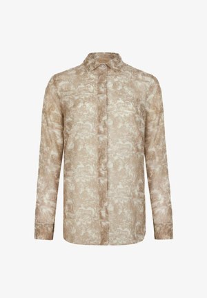 Chemise beige à manches longues avec boutons, ornée d'un motif subtil d'animaux et de nature, et dotée d'un col classique.