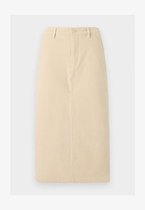 Jupe beige jusqu'aux genoux en tissu robuste, dotée d'une fermeture à boutons sur le devant et de détails de couture verticaux subtils.