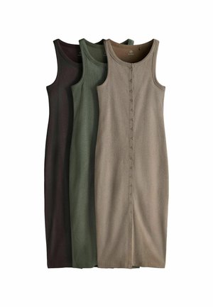 Tre ærmeløse, knælange strikkekjoler i brun, olivengrøn og beige, hver med en foran-knapdetalje.