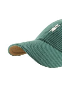 Green corduroy cap with a structured brim, featuring a small white dog embroidery on the front and a brown underside of the brim.