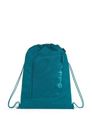 Teal drawstring backpack with front zippered pocket and "Satch" logo printed vertically in light blue on the right side.