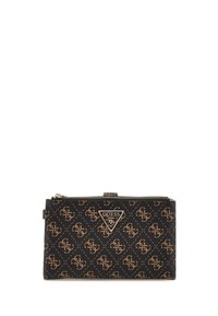 Portafoglio nero con motivo monogramma beige, chiusura con zip e hardware in argento. Forma rettangolare con una finitura testurizzata.