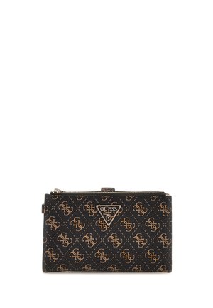 Portafoglio nero con motivo monogramma beige, chiusura con zip e hardware in argento. Forma rettangolare con una finitura testurizzata.