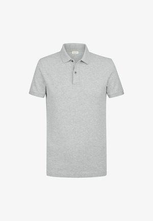 Graues Poloshirt aus einem Baumwollmischgewebe, mit Kragen, dreiknöpfiger Knopfleiste und kurzen Ärmeln; glatte Oberfläche mit leichtem Glanz.