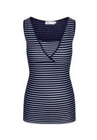 Top senza maniche a righe blu e bianche con scollo a V e silhouette aderente, caratterizzato da righe orizzontali e una texture liscia.