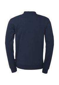 Sweat-shirt bleu marine à manches longues, design minimaliste, bords côtelés aux poignets et à l'ourlet, fabriqué en un doux mélange de coton, avec un logo subtil.