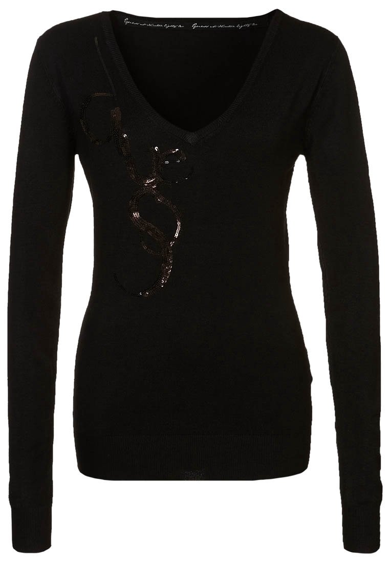 Pullover nero a maniche lunghe con scollatura a V, decorato con paillettes che formano la parola "Guess" sul davanti. Realizzato in tessuto morbido con una vestibilità aderente.