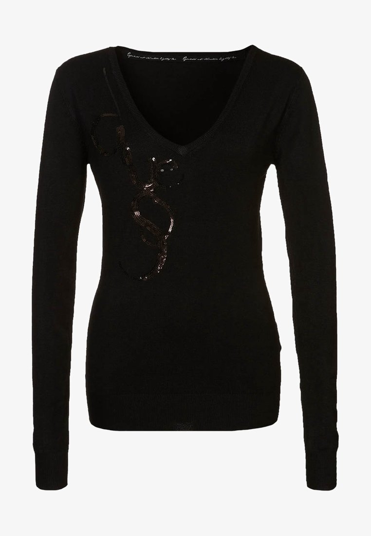 Pullover nero a maniche lunghe con scollatura a V, decorato con paillettes che formano la parola "Guess" sul davanti. Realizzato in tessuto morbido con una vestibilità aderente.