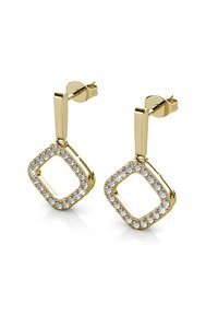 Gouden oorbellen met een vierkant ontwerp. De randen zijn versierd met heldere kristallen en hebben een elegante post-back sluiting.