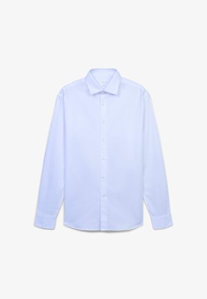Himmelblaues Langarmhemd aus glattem Stoff mit klassischem Kragen, Knopfleiste vorne und geraden Manschetten.