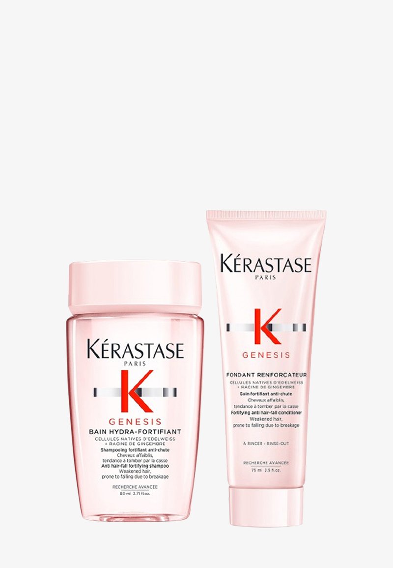 Kérastase Genesis duo: een roze glazen pot shampoo en een bijpassende tube conditioner, beide met witte en rode branding en slanke ontwerpen.