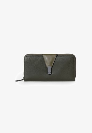 Green leather wallet with a textured surface, featuring a smooth olive accent on the front and a zip closure. Key hardware detail included.
