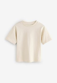 Beige Baumwoll-T-Shirt mit kurzen Ärmeln, Rundhalsausschnitt und lockerer Passform. Es hat eine glatte Textur und einen genähten Saum.