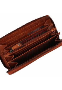 Brown leather wallet features multiple compartments, a plaid lining, zipper closure, and an embossed texture on the exterior.