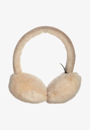 Beżowe pluszowe nauszniki z miękkim, puszystym wypełnieniem, które pokrywa części nauszne oraz opaskę, zapewniając ciepło zimą.