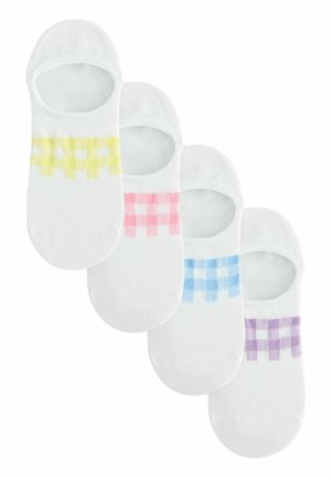 Four pairs of white no-show socks with pastel yellow, pink, blue, and purple checkered patterns near the opening, arranged diagonally.