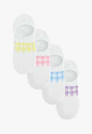 Neli paari valgeid madala lõikega sokke, mille avause lähedal on pastelselt kollase, roosa, sinise ja lilla ruudulise mustriga, paigutatud diagonaalselt.