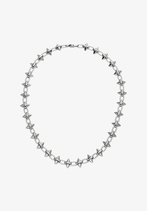 Zilveren ketting met metalen spikes, afwisselend tussen schakels en spikes, wat een gedurfd geometrisch ontwerp creëert.