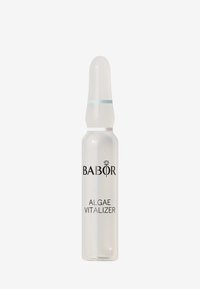 Clear glass vial with rounded tip, features a blue and silver stripe. Label reads "BABOR" and "ALGAE VITALIZER" in black text.