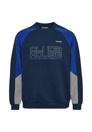 Marineblå sweatshirt med blå og grå accenter. Har rund hals, ribbede manchetter og et stort grafisk teksttryk på forsiden.