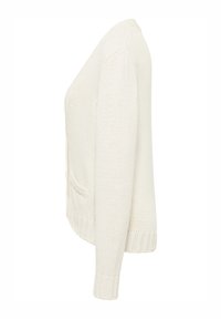 Krämfärgad stickad cardigan med en strukturerad mönster, med två framfickor, ribbade ärmslut och en rak skärning.