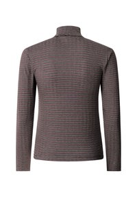 Pika pikkade varrukatega pruun turtleneck särk, millel on õhukesed valged ja punased horisontaalsed triibud, nähtud tagant.