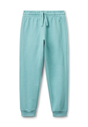 Pantaloni jogger azzurri chiari con vita elasticizzata, cordoncino, tasche laterali e polsini a coste alle caviglie su uno sfondo bianco.