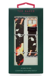 Ted Baker Apple Watch szíj szett virágmintás bőrből, térbeli rozé arany csattal, fekete részletekkel és ezüst hardware-rel.