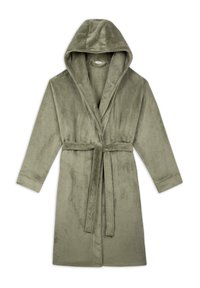 Olive green hooded bathrobe made of soft, plush fabric. Features a tie belt, long sleeves, and a cozy, relaxed design.