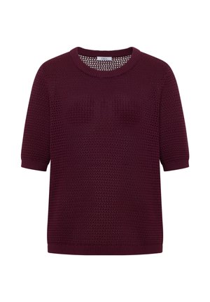 Pull bordeaux en maille à manches courtes, col rond et motif texturé, avec une petite étiquette cousue à l'intérieur du col.