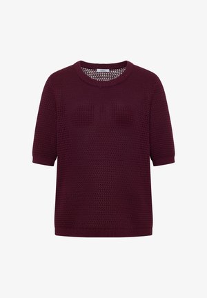 Bordeauxrode, gebreide trui met korte mouwen, een ronde hals en een textuurpatroon, voorzien van een klein genaaid label aan de binnenkant van de kraag.