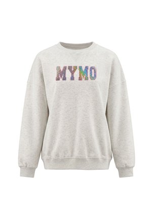 Felpa grigio chiaro a maniche lunghe con polsini e orlo a coste, con lettere glitterate colorate che compongono "MYMO" sul petto.