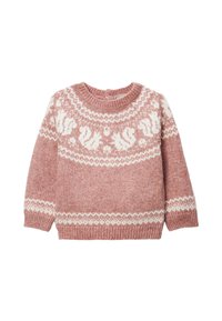 Pull en tricot d'une douce teinte rose avec un motif nordique blanc. Il a un col rond et des manches longues. Tissu texturé.