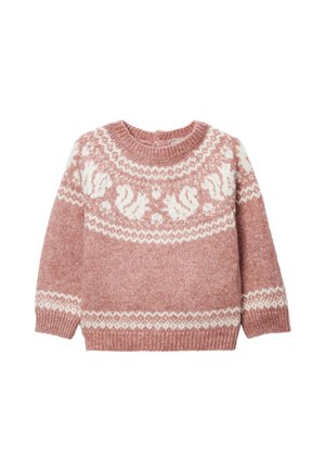 Pull en tricot d'une douce teinte rose avec un motif nordique blanc. Il a un col rond et des manches longues. Tissu texturé.