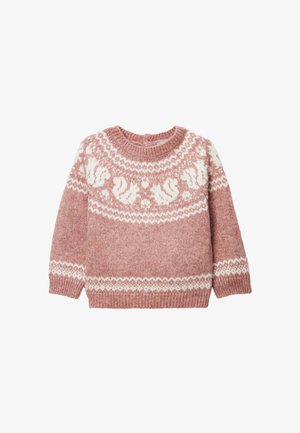 Pull en tricot d'une douce teinte rose avec un motif nordique blanc. Il a un col rond et des manches longues. Tissu texturé.