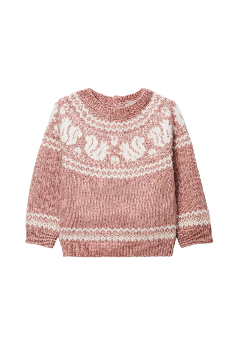 Pull en tricot d'une douce teinte rose avec un motif nordique blanc. Il a un col rond et des manches longues. Tissu texturé.